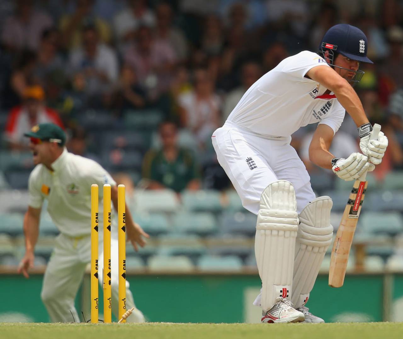 Alastair Cook was bowled by Ryan Harris off the first ball of the innings, Australia v England, Test, Perth, 4th day, December 16, 2013