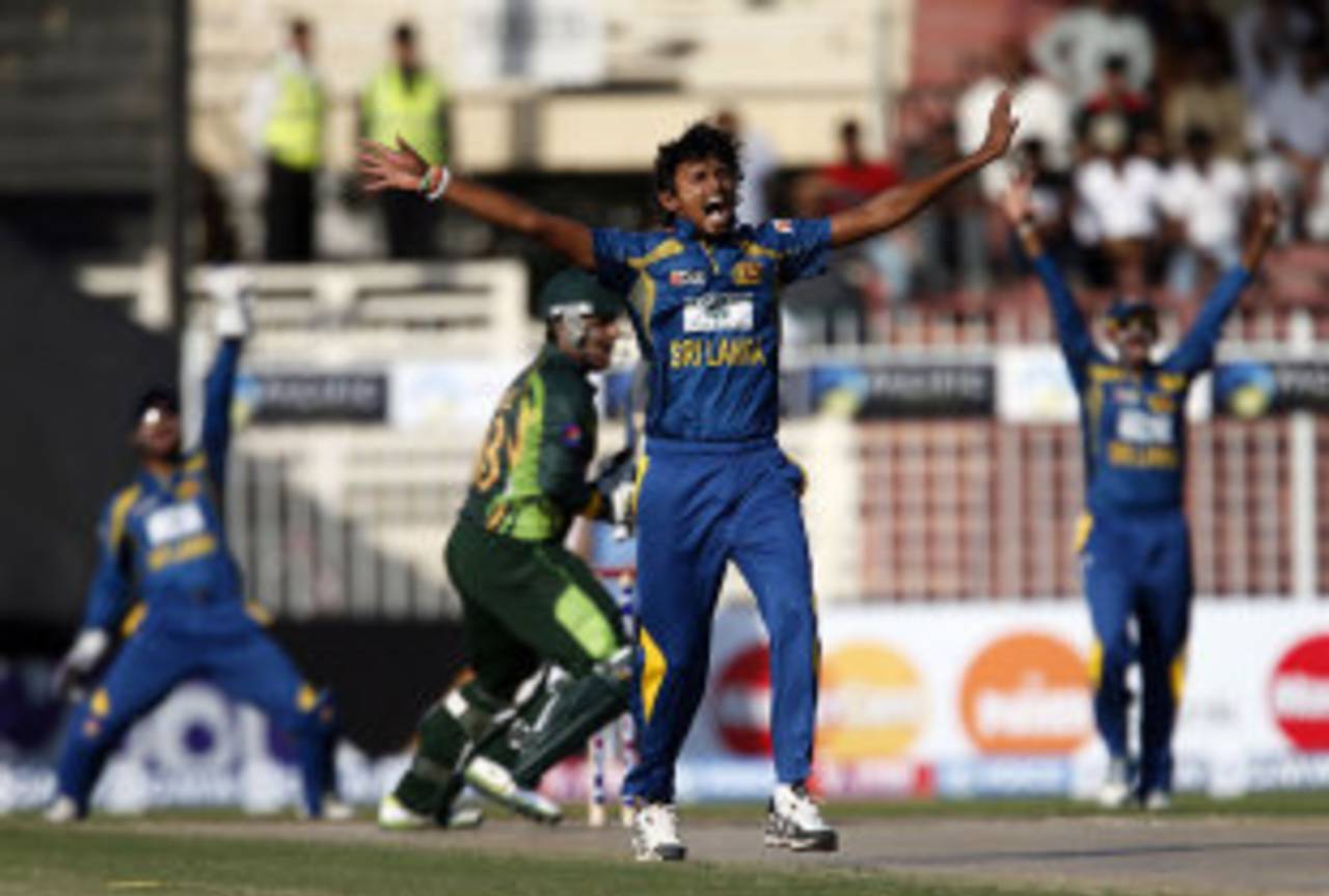Suranga Lakmal appeals successfully for lbw against Ahmed Shehzad, Pakistan v Sri Lanka, 1st ODI, Sharjah, December 18, 2013