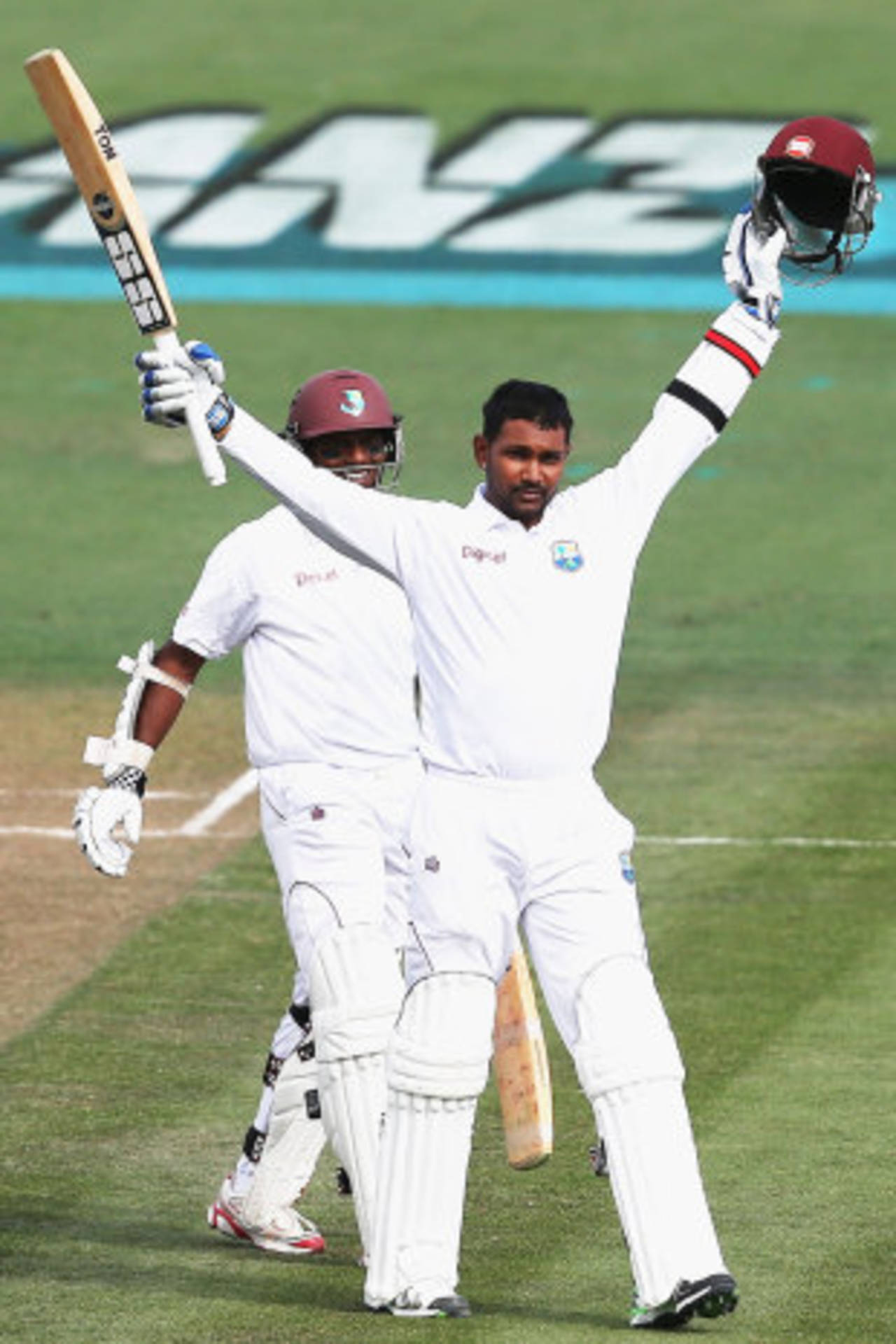 Denesh Ramdin acknowledges the applause after reaching his hundred, New Zealand v West Indies, 3rd Test, Hamilton, 1st day, December 19, 2013