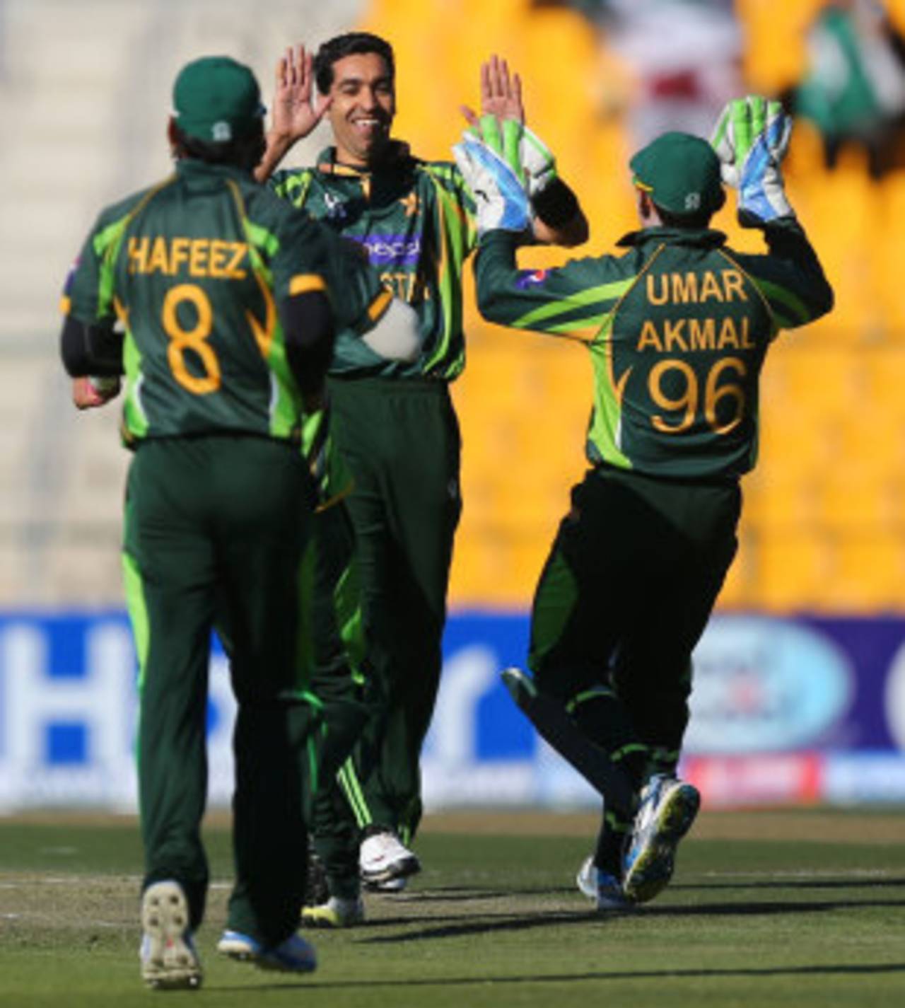 Umar Gul celebrates after dismissing Kusal Perera, Pakistan v Sri Lanka, 4th ODI, Abu Dhabi, December 25, 2013