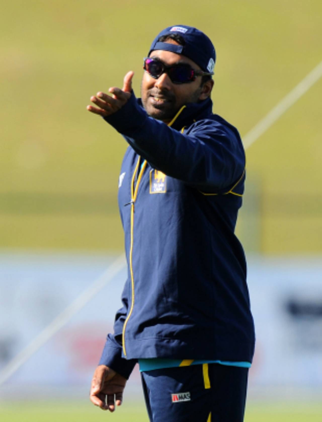 Mahela Jayawardene gestures during a training session, Abu Dhabi, December 30, 2013