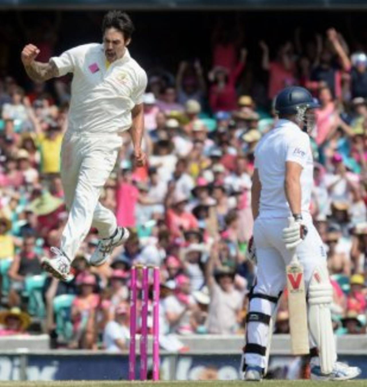 The familiar leap from Mitchell Johnson as he bags another wicket, Australia v England, 5th Test, Sydney, 3rd day, January 5, 2014