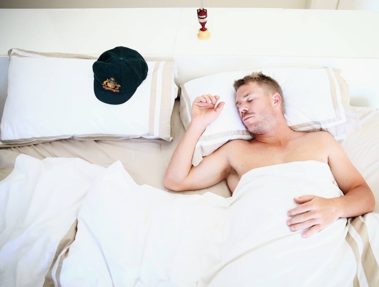 David Warner at a photo shoot in his home, the morning after Australia won the Ashes 5-0, Sydney, January 6, 2014