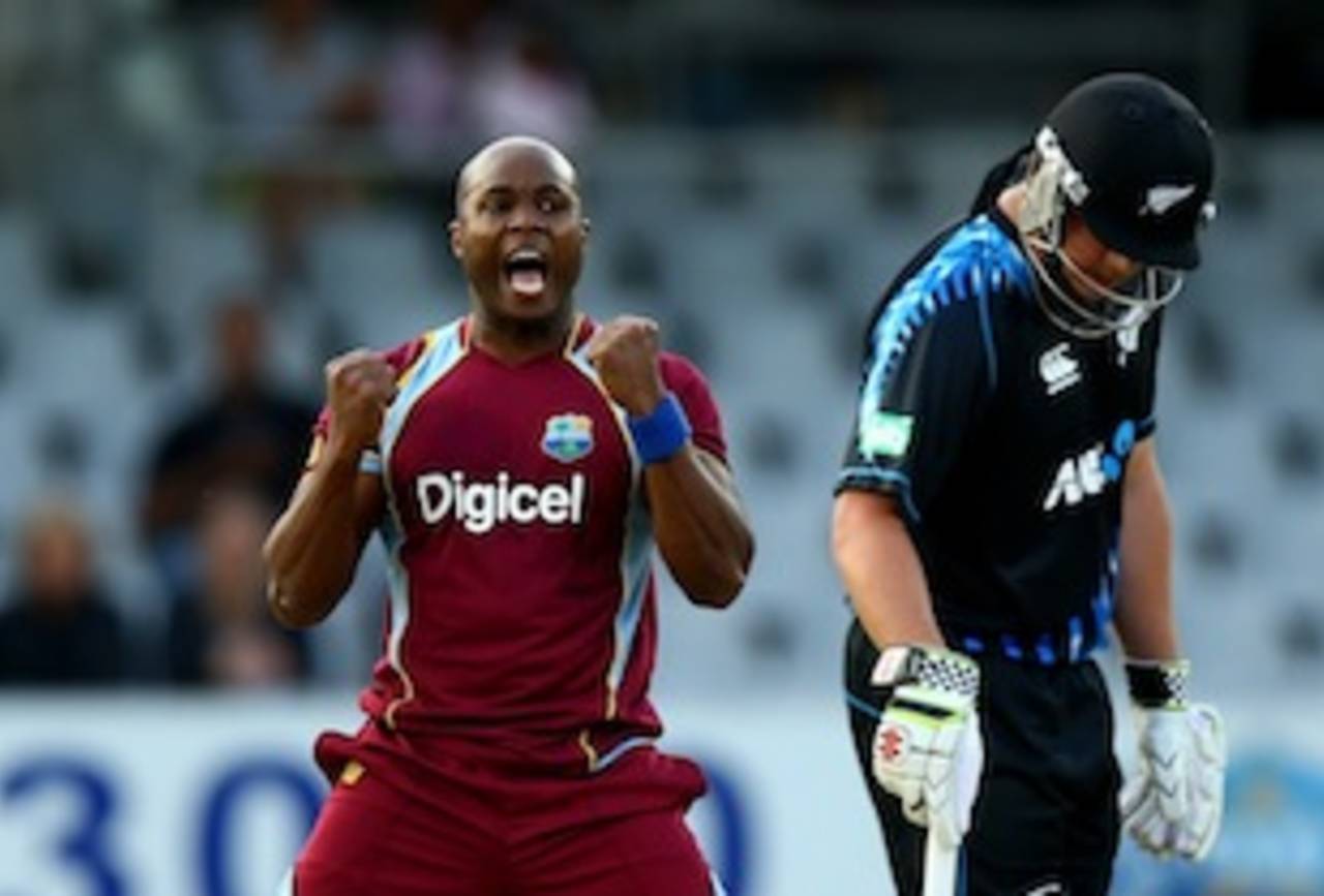 Tino Best celebrates one of his three wickets, New Zealand v West Indies, 1st T20, Auckland, January 11, 2014
