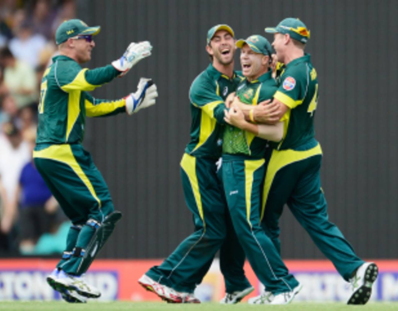 Australia celebrate with David Warner after his direct hit, Australia v England, 3rd ODI, Sydney, January 19, 2014