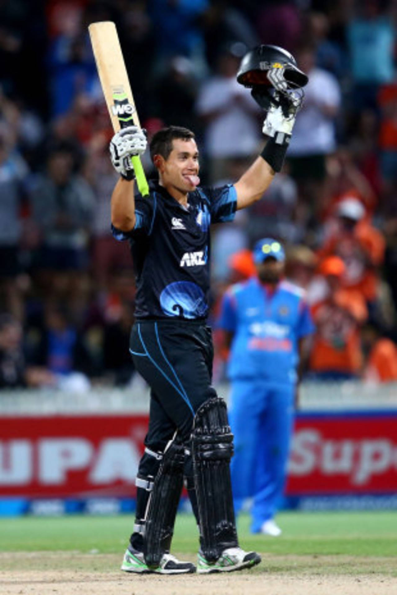 Ross Taylor celebrates his century, New Zealand v India, 4th ODI, Hamilton, January 28, 2014