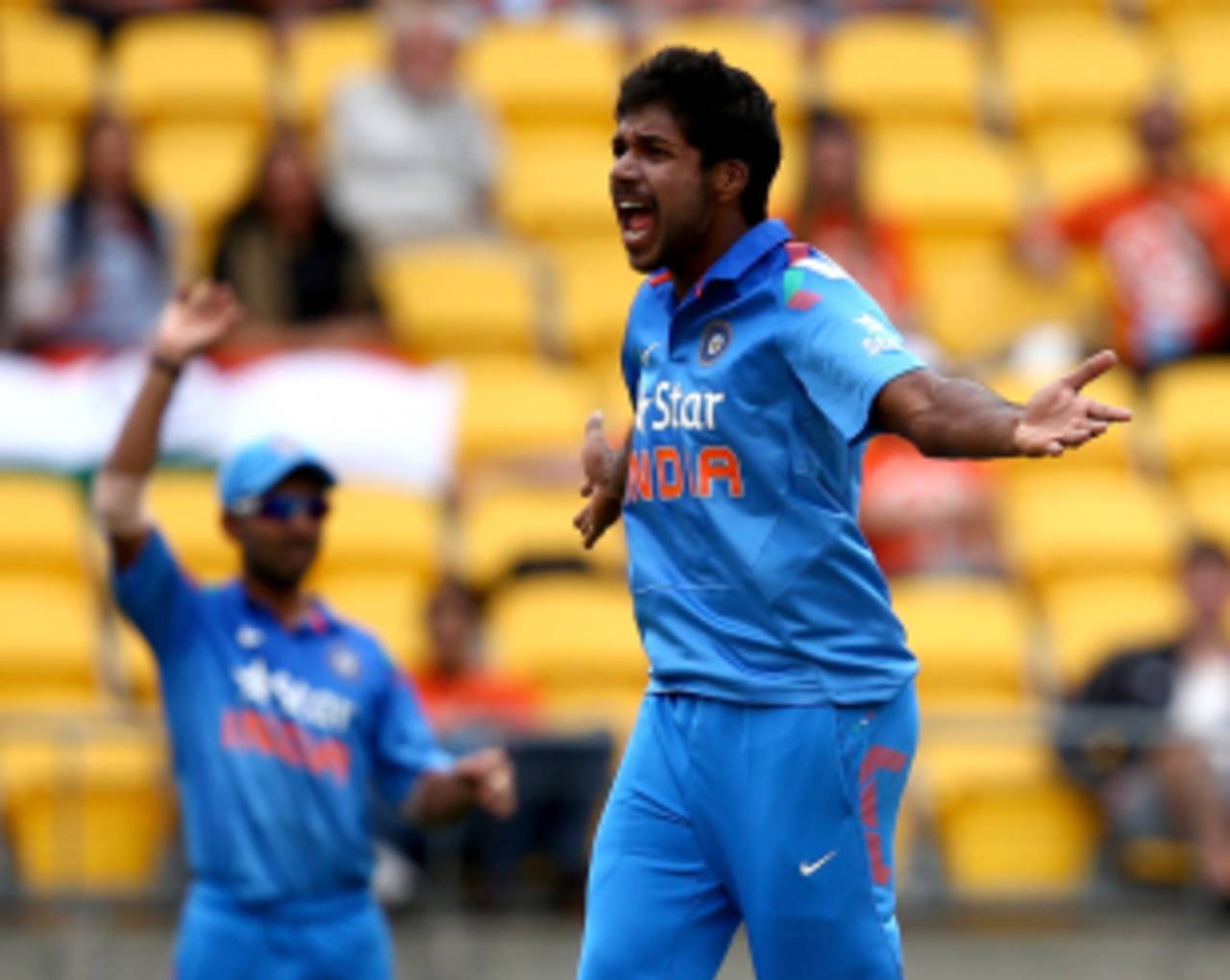 Varun Aaron cries to the umpire imploringly, New Zealand v India, 5th ODI, Wellington, January 31, 2014
