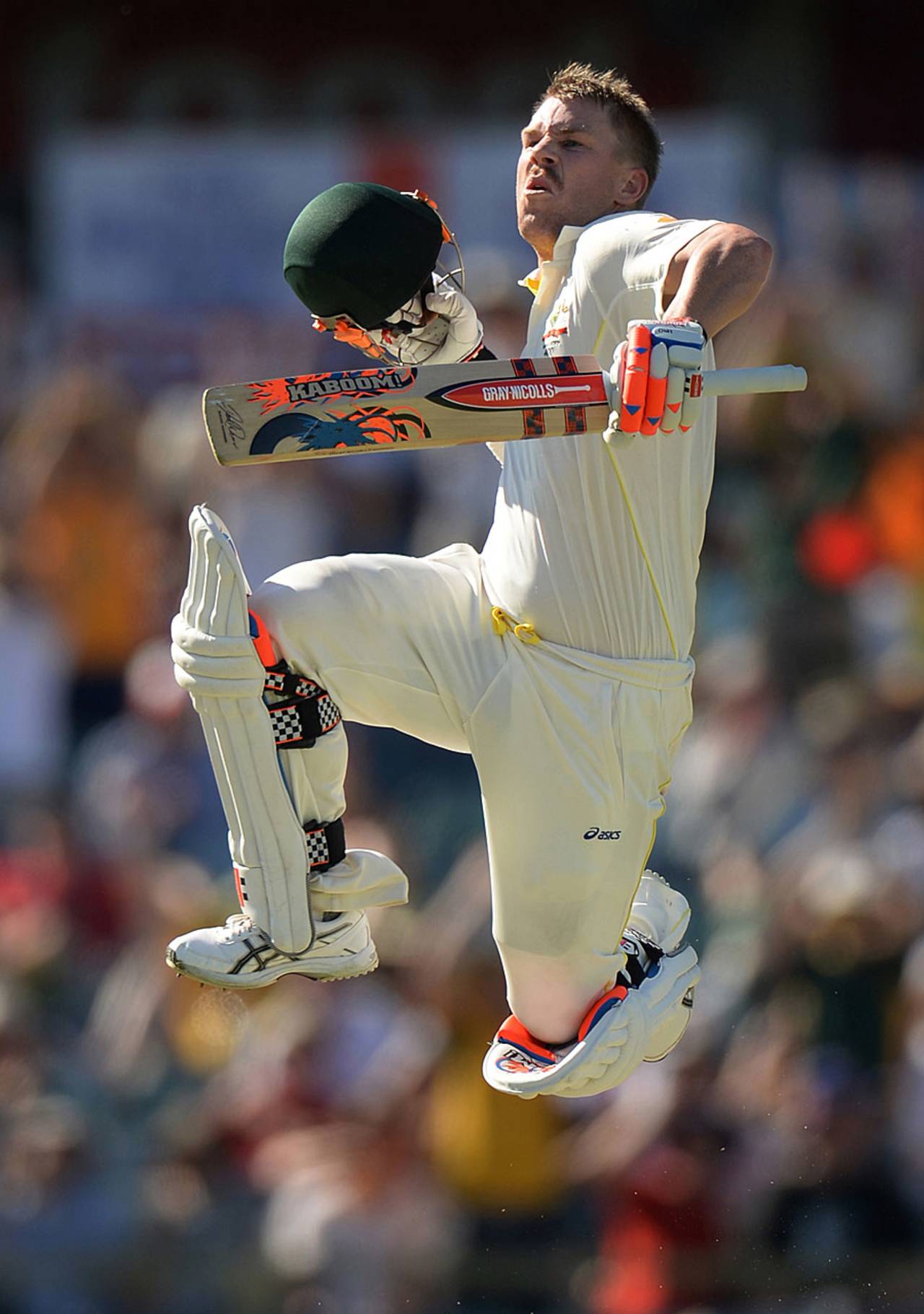 David Warner leaps after scoring a century, Australia v England, 3rd Test, Perth, 3rd day, December 15, 2013
