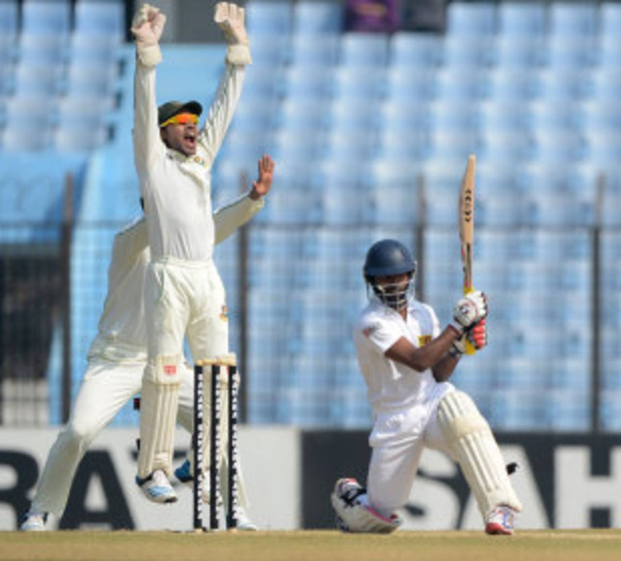 Bangladesh successfully appeal for lbw against Kaushal Silva, Bangladesh v Sri Lanka, 2nd Test, Chittagong, 1st day, February 4, 2014