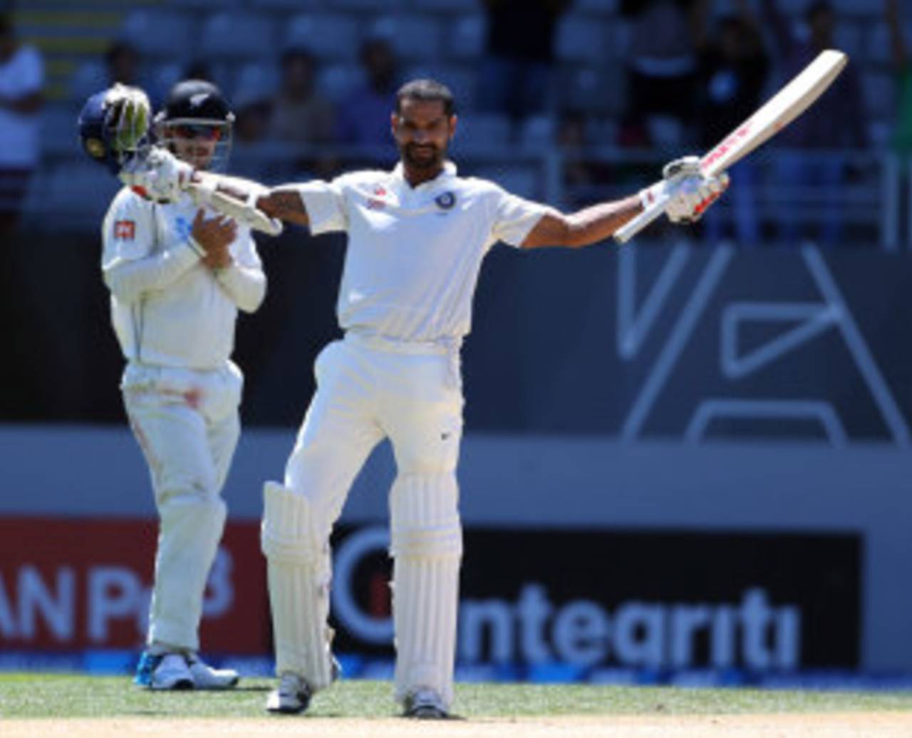 Shikhar Dhawan celebrates his second Test century, New Zealand v India, 1st Test, Auckland, 4th day, February 9, 2014