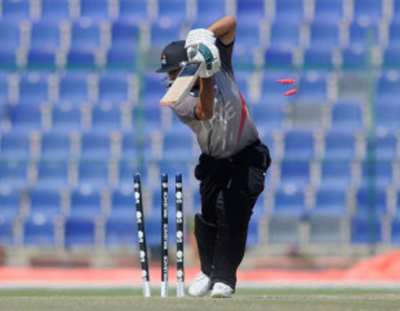 Shorye Chopra is bowled, United Arab Emirates Under-19s v England Under-19s, ICC Under-19 World Cup, Abu Dhabi, February 14, 2014
