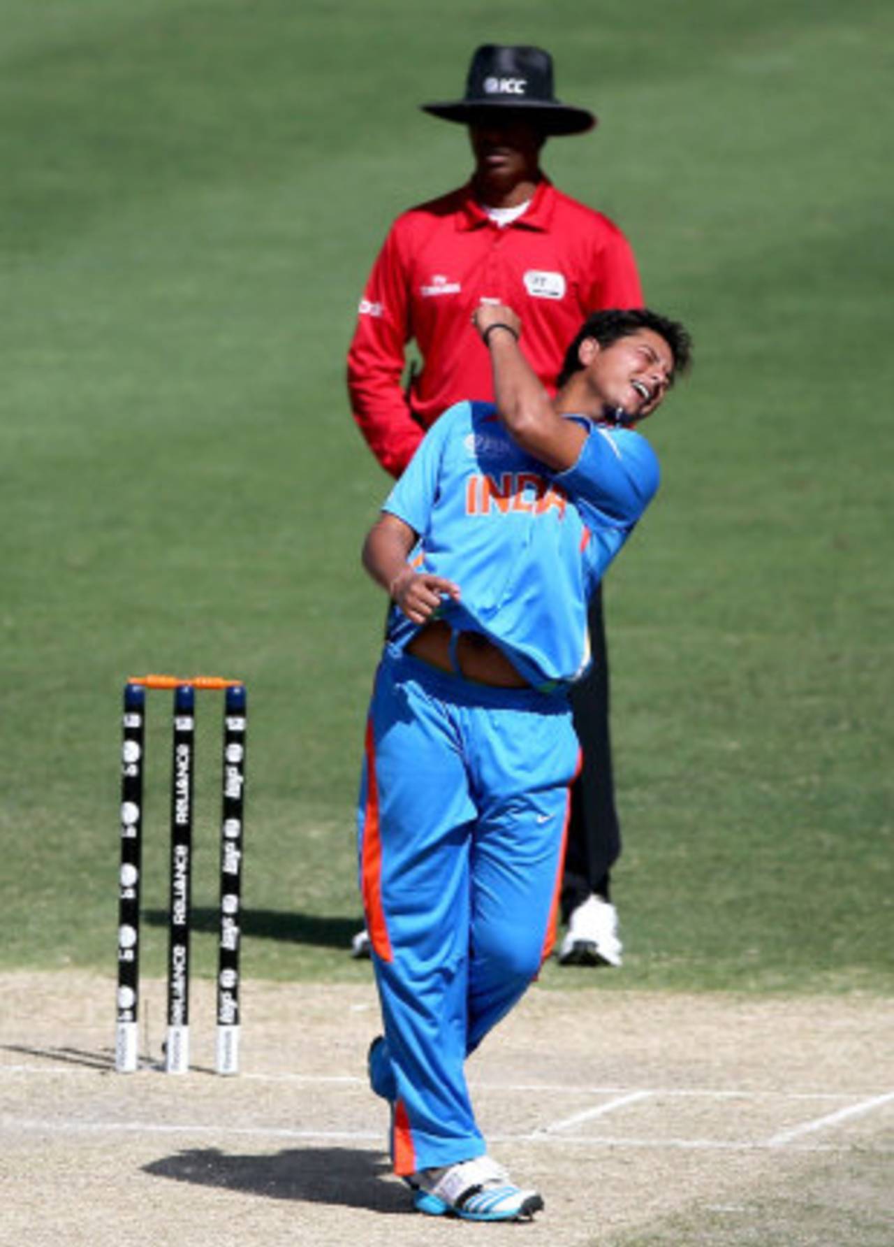 Kuldeep Yadav celebrates after dismissing Nick Farrar, India Under-19s v Scotland Under-19s, Under-19 World Cup, Dubai, February 17, 2014