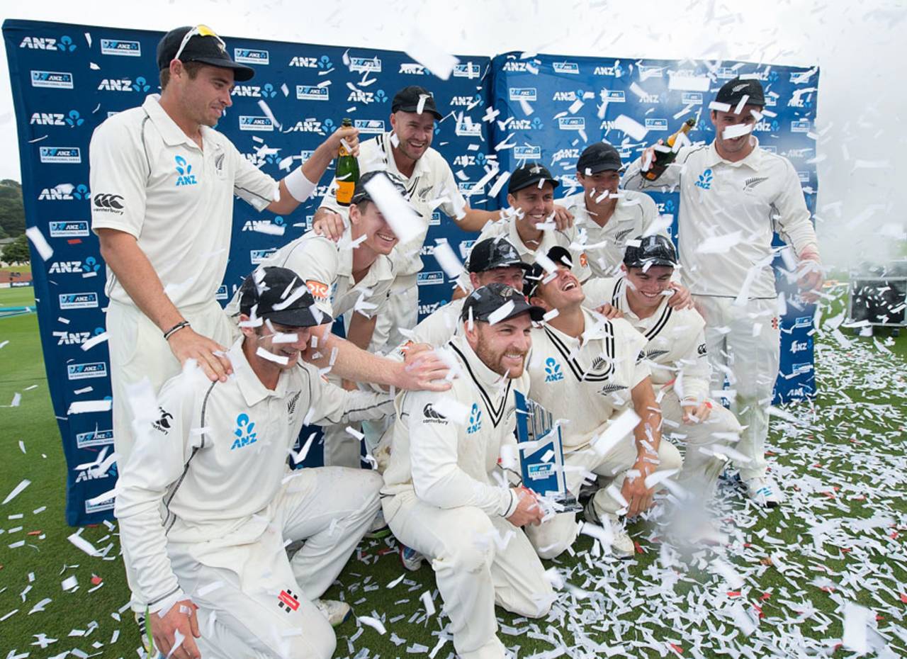 The New Zealand players celebrate after winning the series, New Zealand v India, 2nd Test, Wellington, 5th day, February 18, 2014