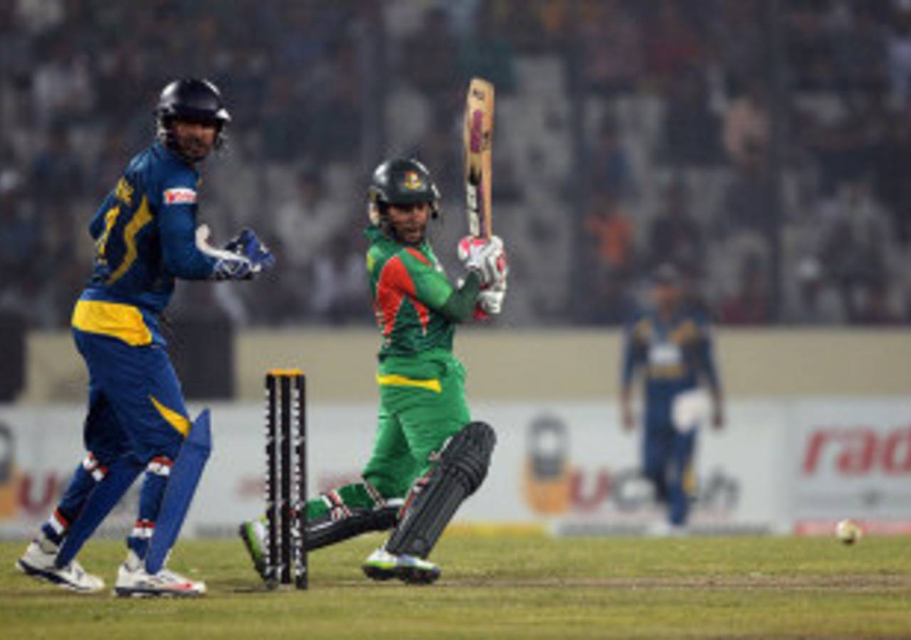 Mushfiqur Rahim goes deep in his crease to cut, Bangladesh v Sri Lanka, 2nd ODI, Mirpur, February 20, 2014