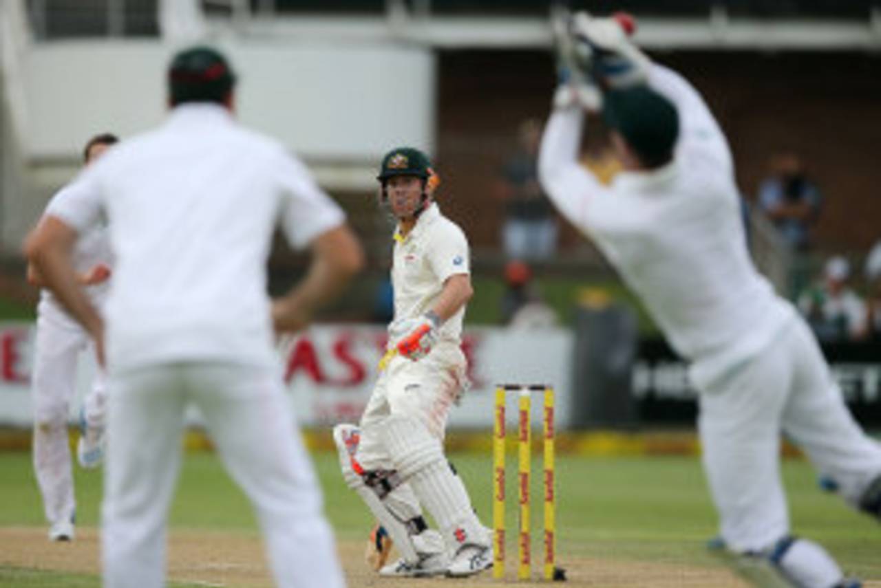 David Warner looks back to see AB de Villiers drop him, South Africa v Australia, 2nd Test, Port Elizabeth, 2nd day, February 21, 2014