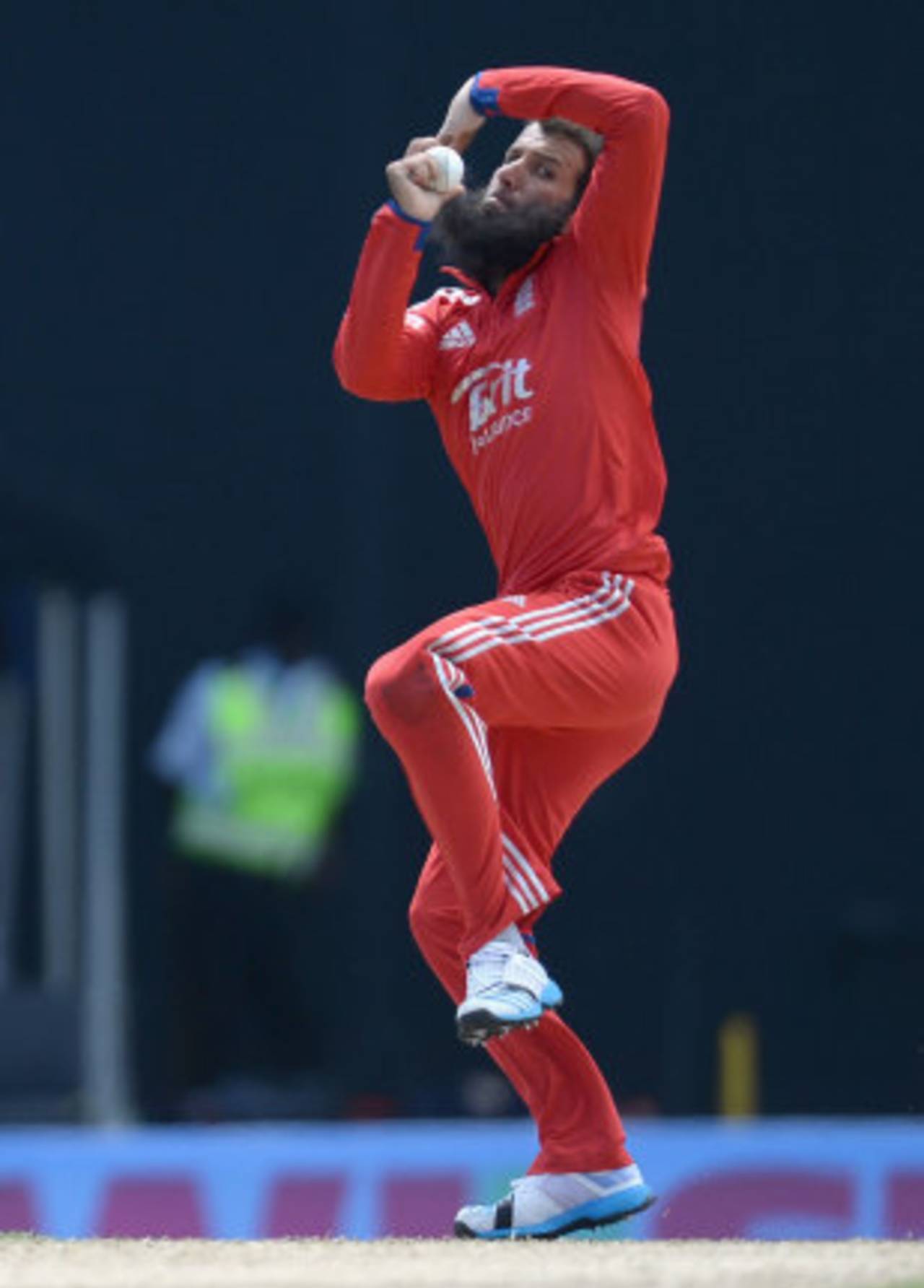 Moeen Ali in his delivery on ODI debut, West Indies v England, 1st ODI, North Sound, February 28, 2014
