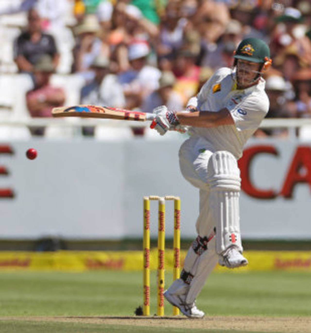 David Warner plays a pull off one leg, South Africa v Australia, 3rd Test, Cape Town, 1st day, March 1, 2014