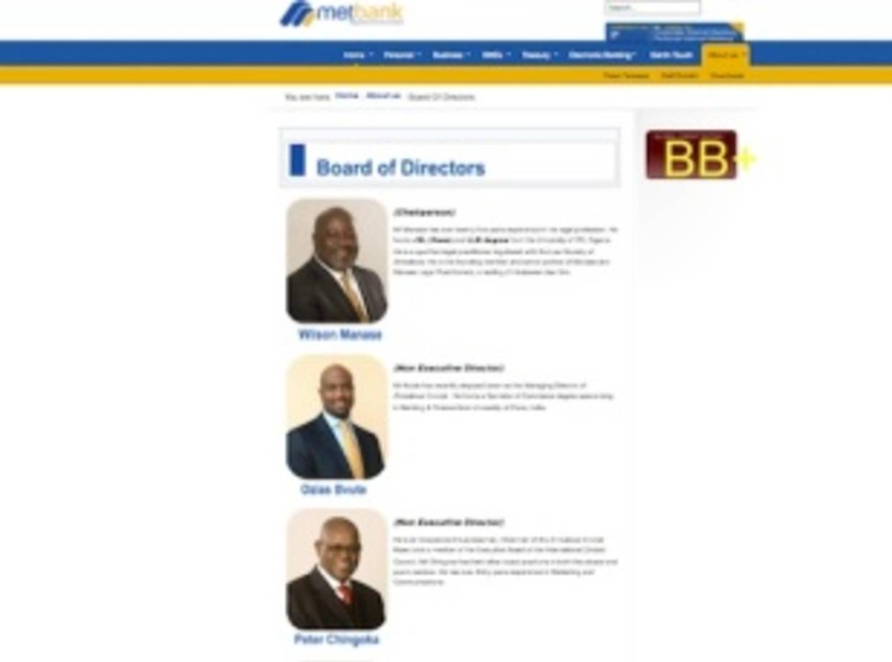 Peter Chingoka, Ozias Bvute and Wilson Manase on the board of directors page on Metbank's website