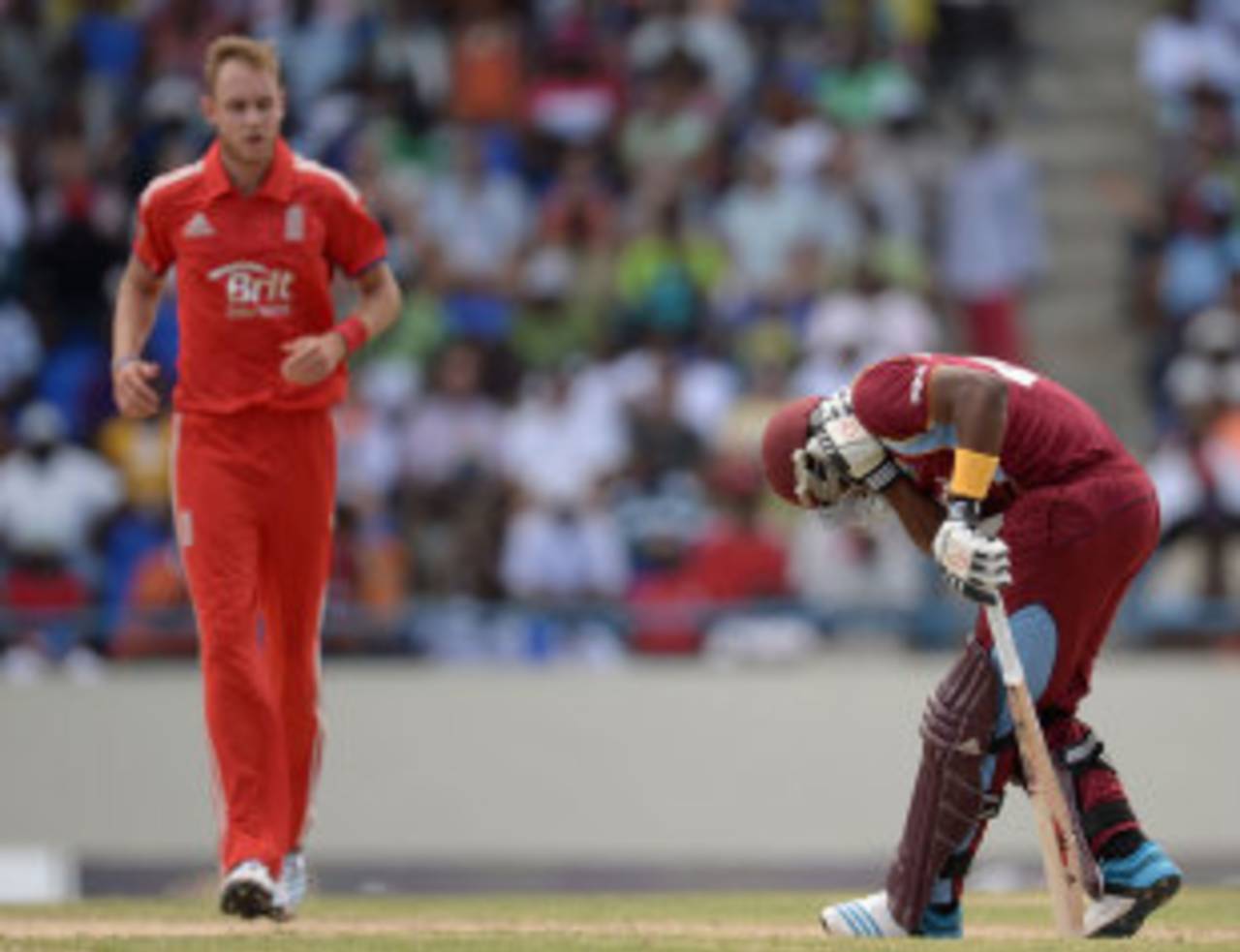 Stuart Broad struck Dwayne Bravo a painful blow on the head, West Indies v England, 2nd ODI, North Sound, March 2, 2014