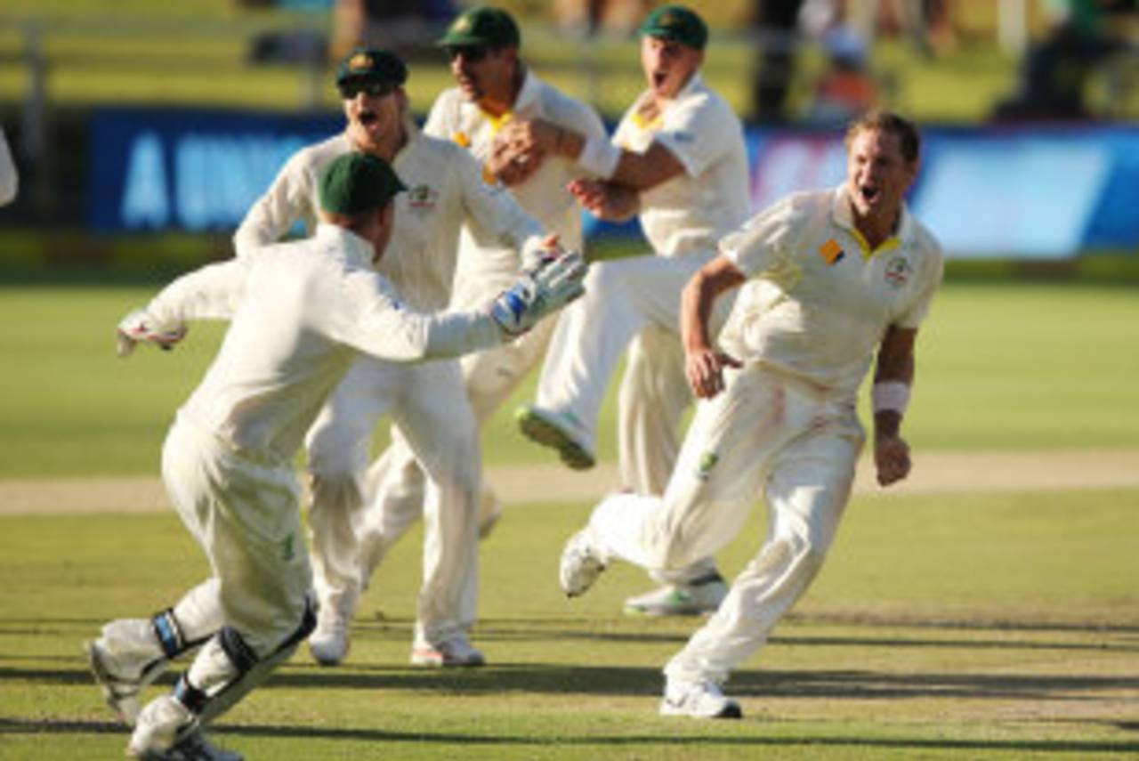 Ryan Harris wheels away in celebration after sealing the series for Australia, South Africa v Australia, 3rd Test, Cape Town, 5th day, March 5, 2014