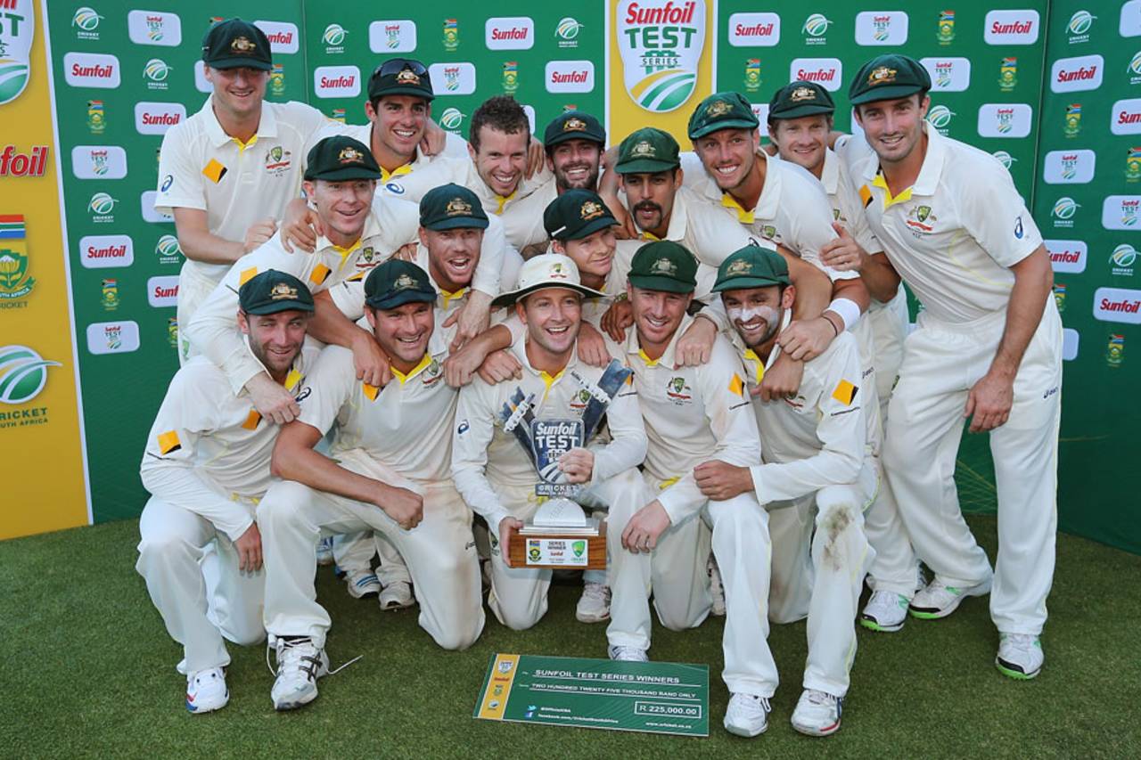 The Australians celebrate with the series trophy, South Africa v Australia, 3rd Test, Cape Town, 5th day, March 5, 2014