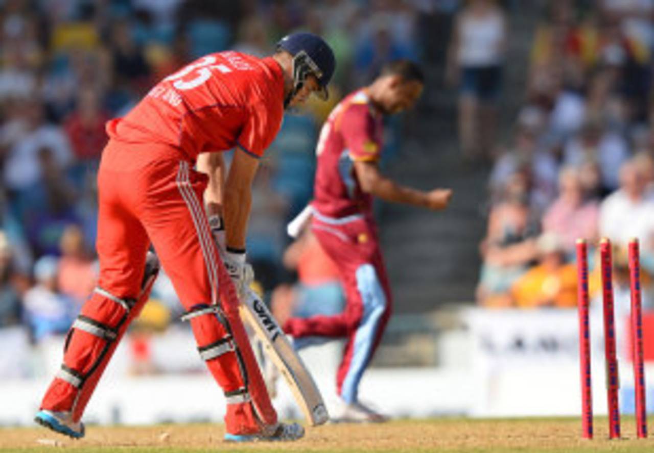Alex Hales was stumped off Samuel Badree, West Indies v England, 1st T20, Barbados, March 9, 2014