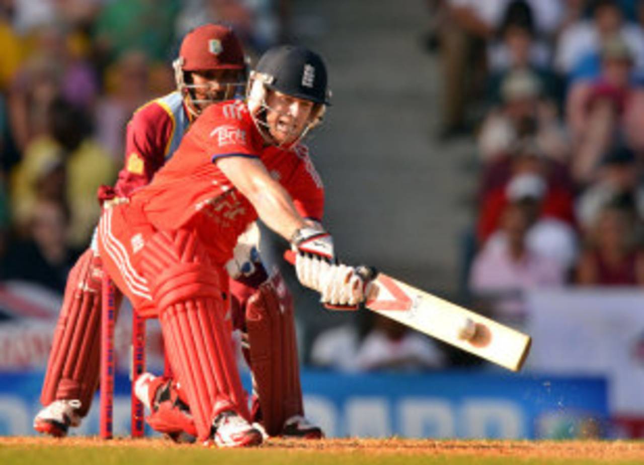 Eoin Morgan picked out deep midwicket with a slog sweep, West Indies v England, 1st T20, Barbados, March 9, 2014