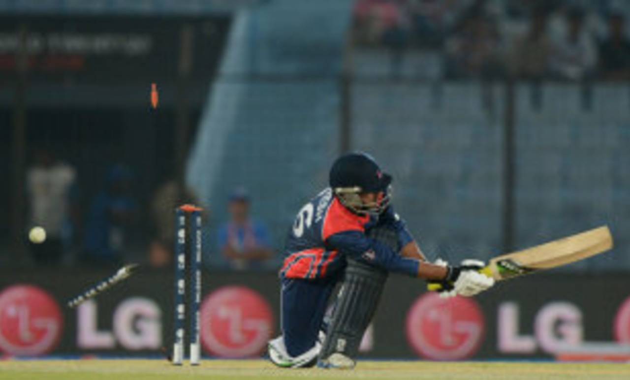 Clatter: Naresh Budayair was one of four wickets in the final over&nbsp;&nbsp;&bull;&nbsp;&nbsp;AFP