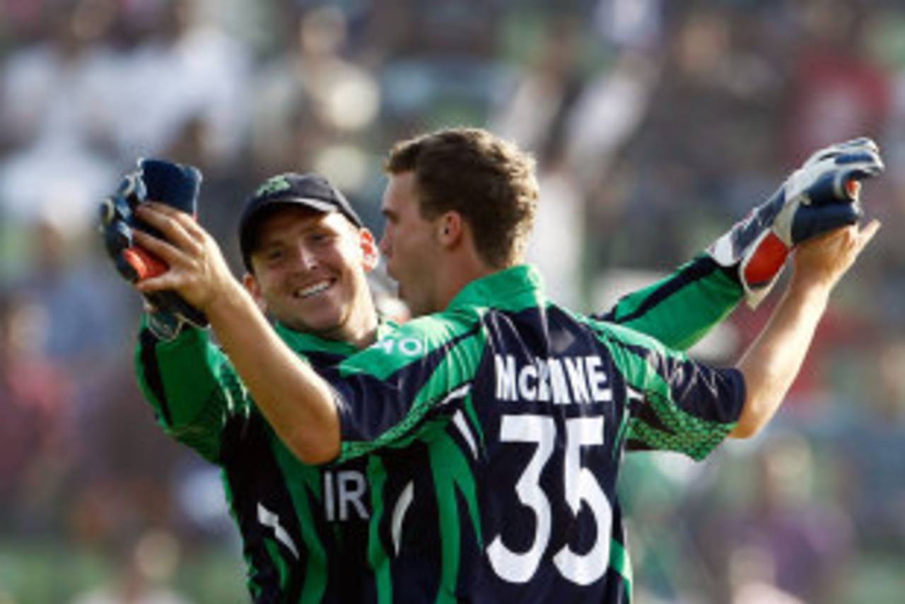Andy McBrine celebrates a wicket with Gary Wilson, Ireland v Zimbabwe, World T20, First Round Group B, March 17, 2014