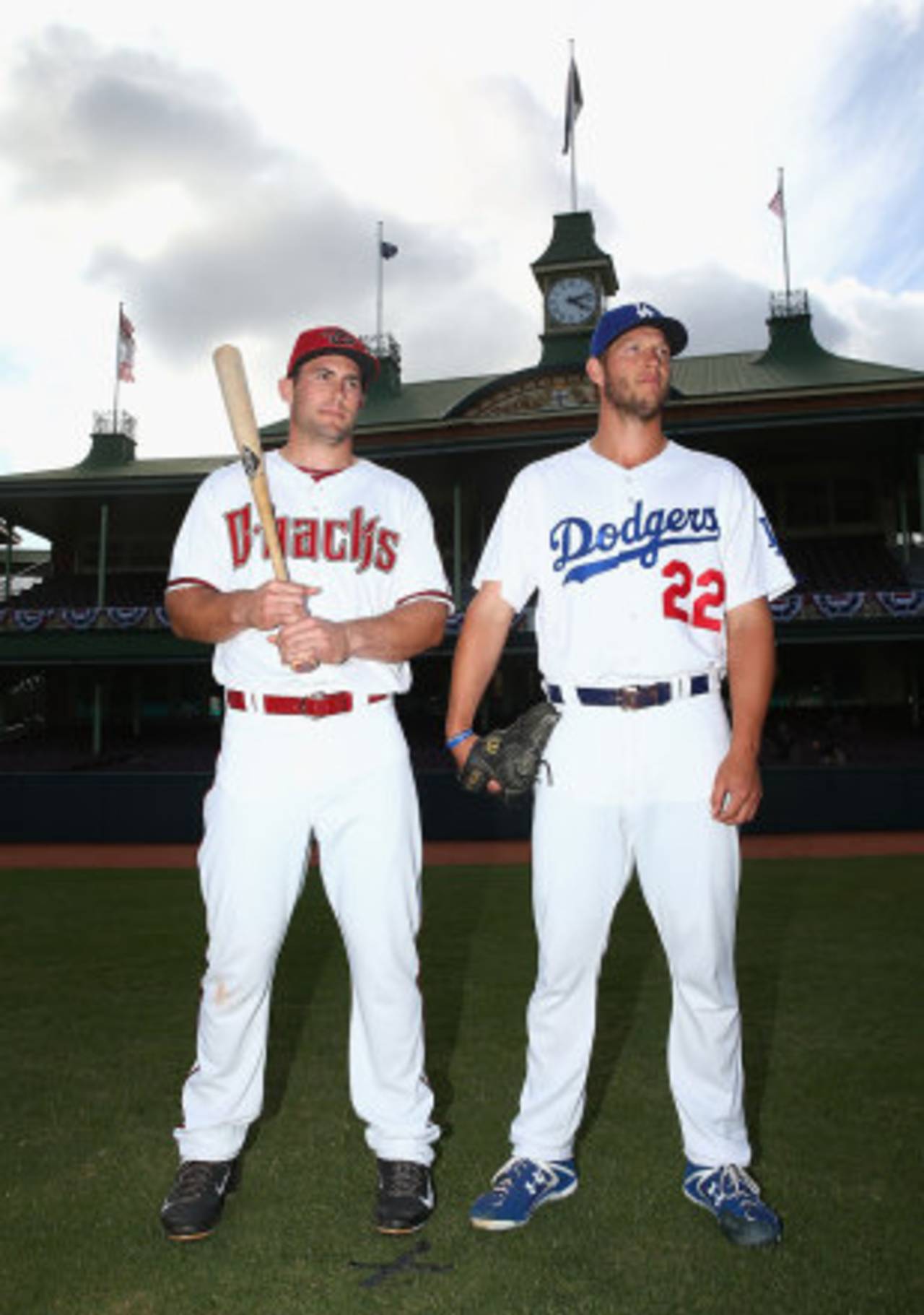 Paul Goldschmidt of the Arizona Diamondbacks and Clayton Kershaw of the Los Angeles Dodgers pose in front of the SCG pavilion, Sydney, March 19, 2014