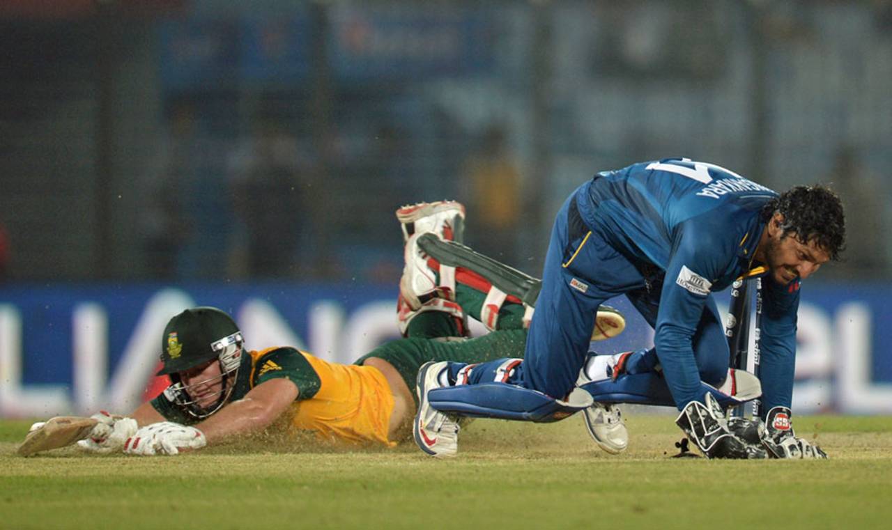 Kumar Sangakkara runs out David Miller in the last over, South Africa v Sri Lanka, World T20, Group 1, Chittagong, March 22, 2014 