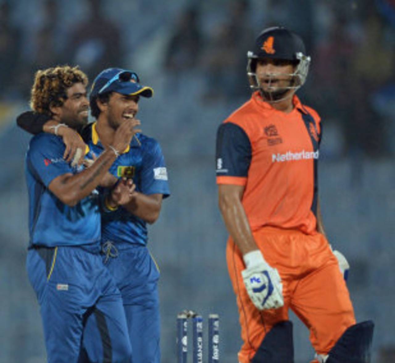 Lasith Malinga celebrates Mudassar Bukhari's wicket, Netherlands v Sri Lanka, World T20, Group 1, March 24, 2014