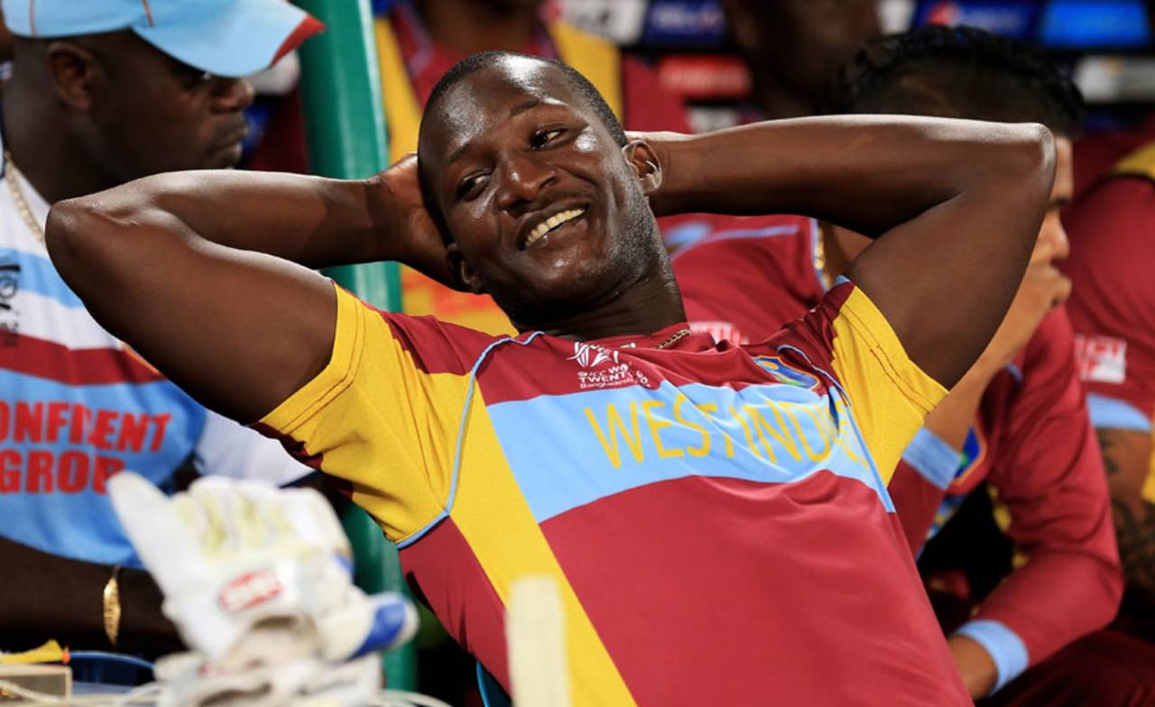 A relaxed Darren Sammy at the dugout, Bangladesh v West Indies, World T20, Group 2, Mirpur, March 25, 2014