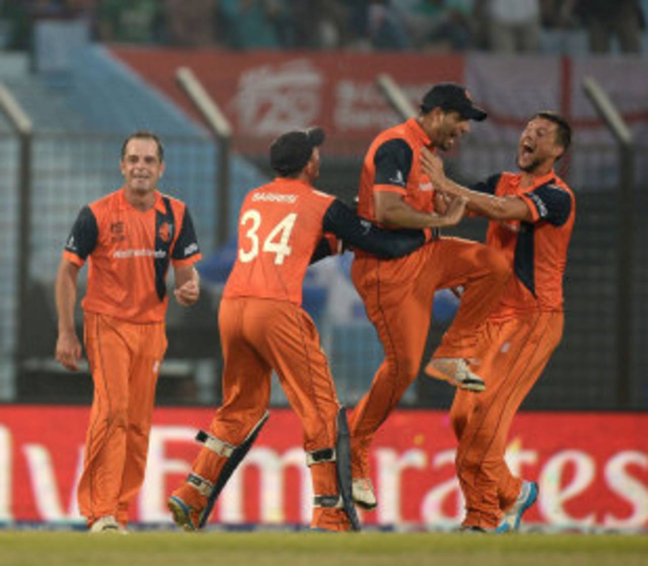 Netherlands are elated with the run-out of Tim Bresnan, England v Netherlands, World T20, Group 1, Chittagong, March 31, 2014