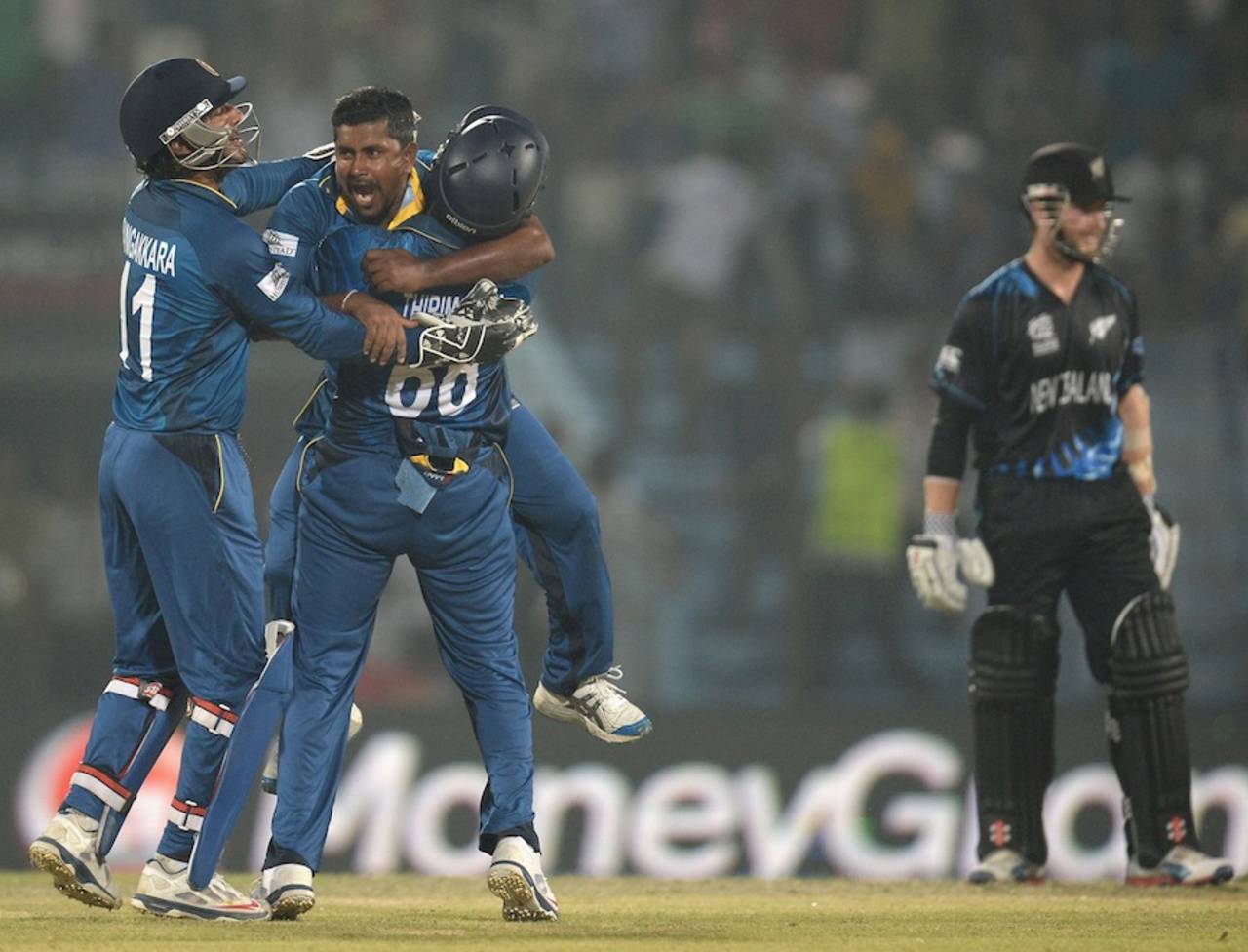 Rangana Herath celebrates Jimmy Neesham's wicket, New Zealand v Sri Lanka, World T20, Group 1, Chittagong, March 31, 2014