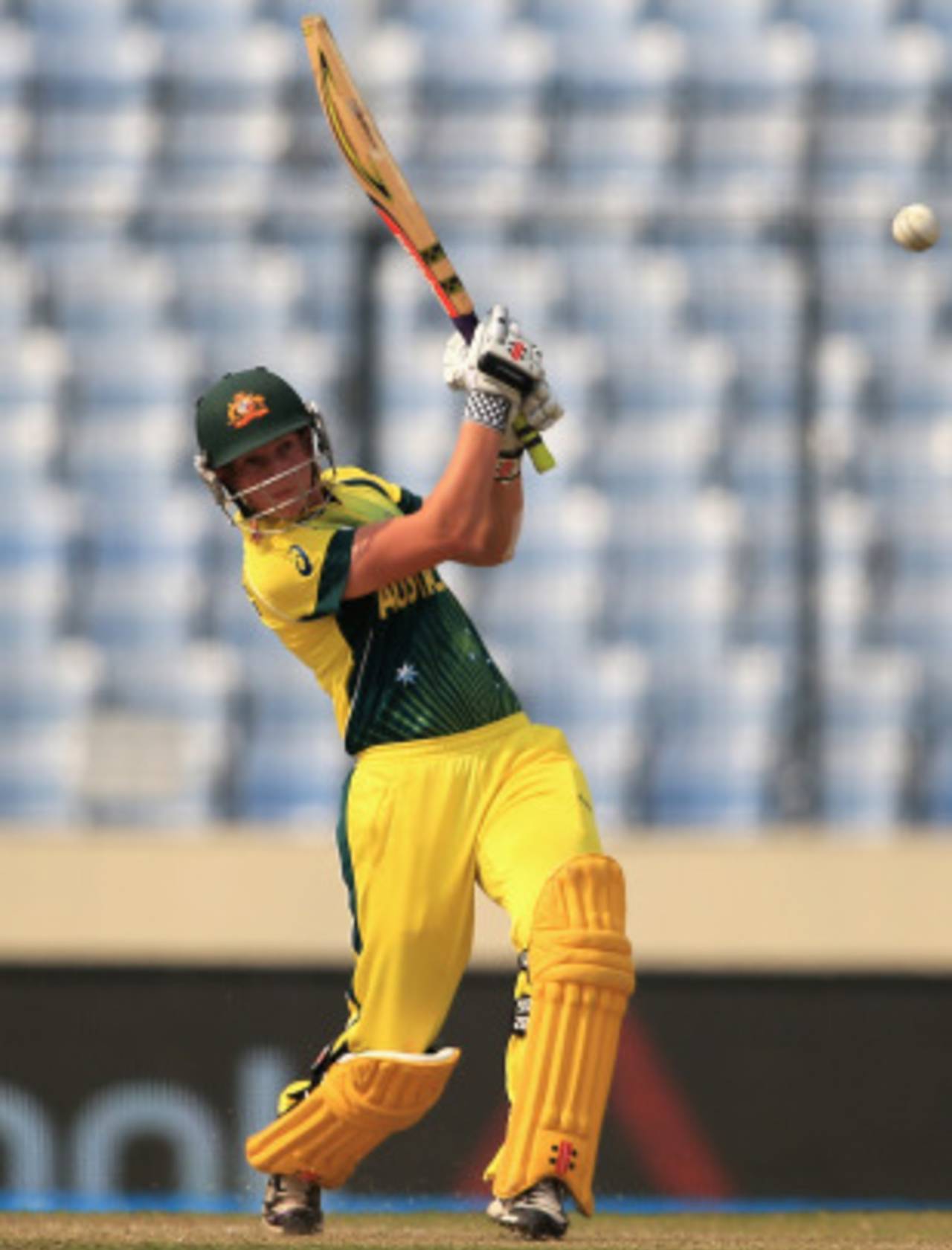 Meg Lanning punches one down the ground, Australia v West Indies, Women's World T20, 1st semi-final, Mirpur, April 3, 2014