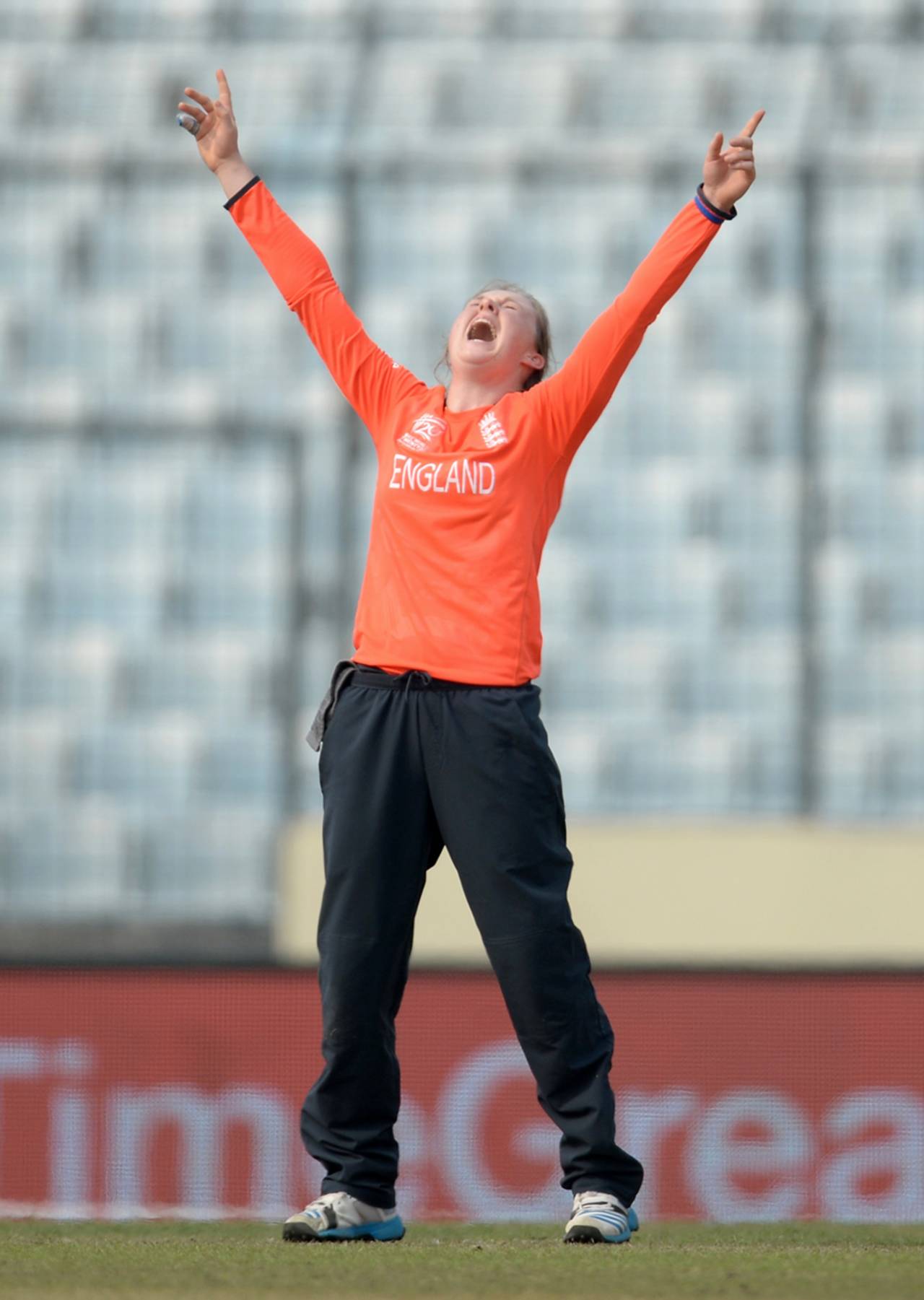 Rebecca Grundy is ecstatic after a wicket, England v South Africa, Women's World T20, semi-finals, Mirpur, April 4, 2014