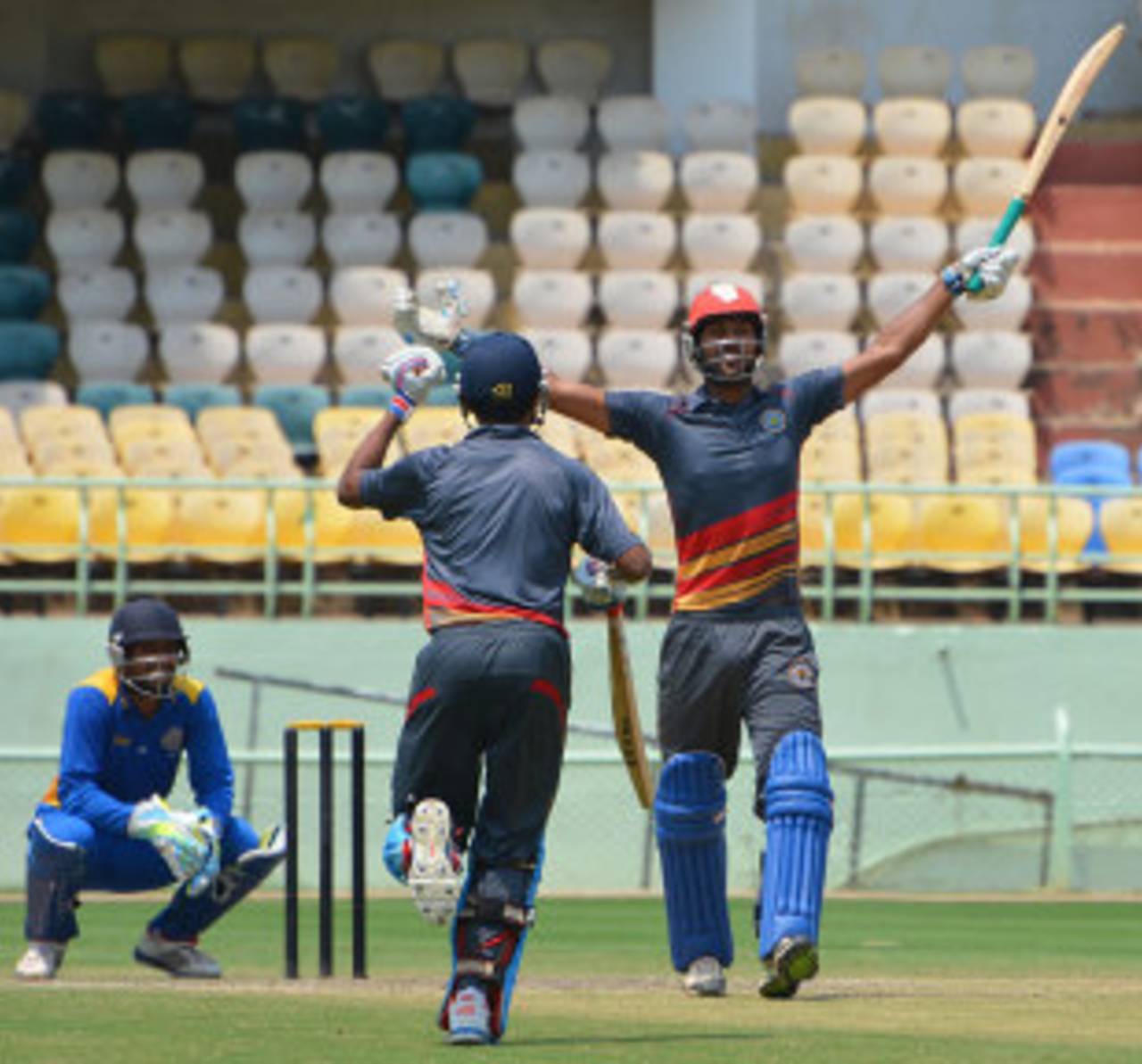 Amit Yadav exults after his last-ball six powered Goa to a two-wicket over Hyderabad&nbsp;&nbsp;&bull;&nbsp;&nbsp;BCCI