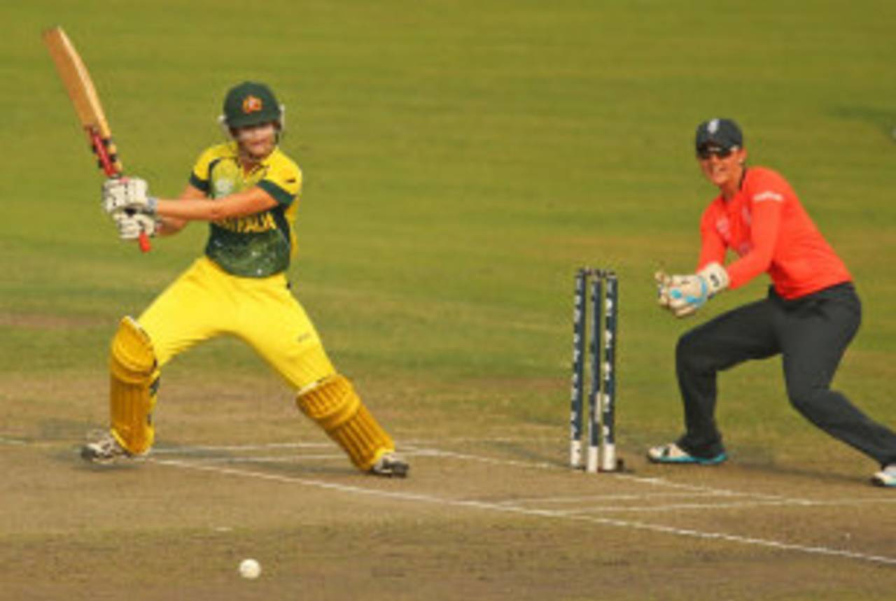 Australia opener Jess Jonassen hit one six and two fours in the second over to put the chase on course&nbsp;&nbsp;&bull;&nbsp;&nbsp;Getty Images