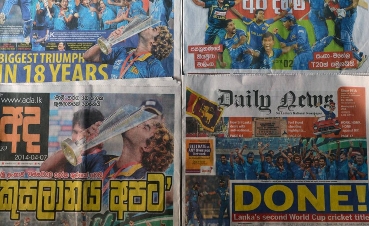 The headlines in Sri Lanka's newspapers a day after the World T20 triumph, April 7, 2014