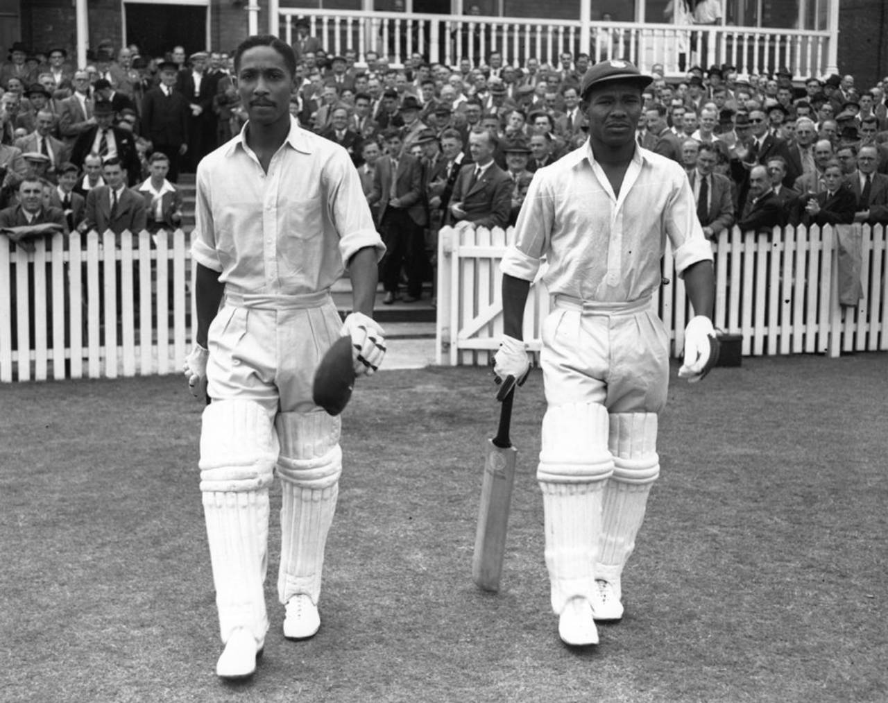 Frank Worrell (left) and Everton Weekes walk out to bat, England v West Indies, third Test, Trent Bridge, 22 July, 1950 