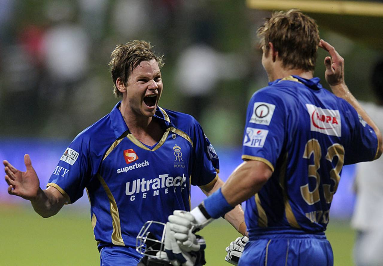 Steve Smith and Shane Watson celebrate Rajasthan Royals' dramatic Super Over heroics, Kolkata Knight Riders v Rajasthan Royals, IPL, Abu Dhabi, April 29, 2014