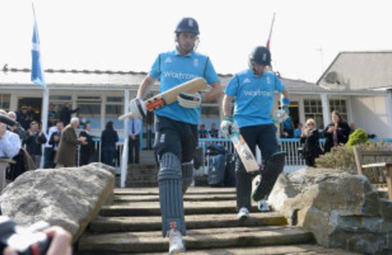 Alastair Cook and Ian Bell head out to bat, Scotland v England, only ODI, Aberdeen, May 9, 2014