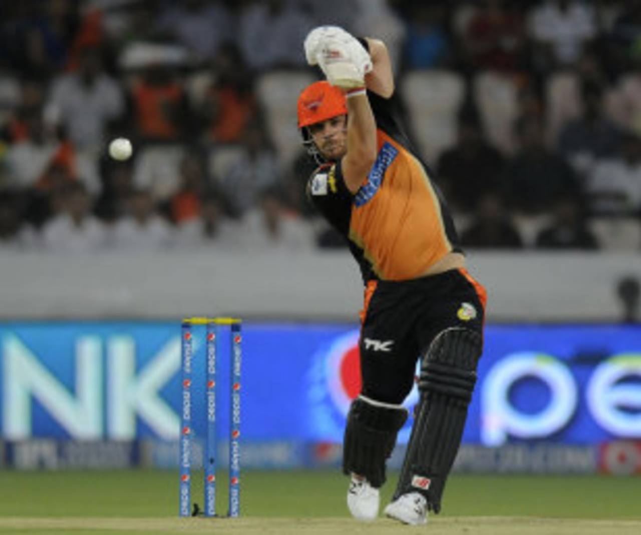Aaron Finch drives through the off side, Sunrisers Hyderabad v Mumbai Indians, IPL 2014, Hyderabad, May 12, 2014