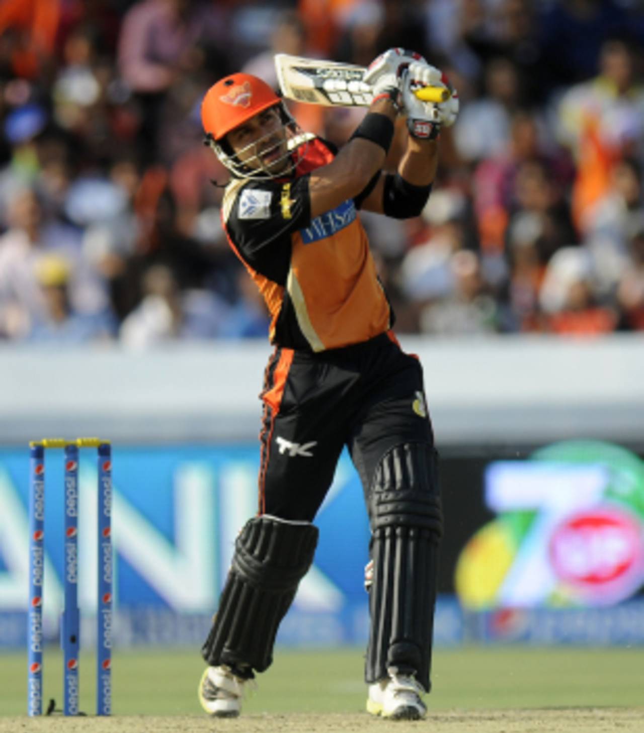 Naman Ojha lofts one over the straight boundary, Sunrisers Hyderabad v Kings XI Punjab, IPL 2014, Hyderabad, May 14, 2014