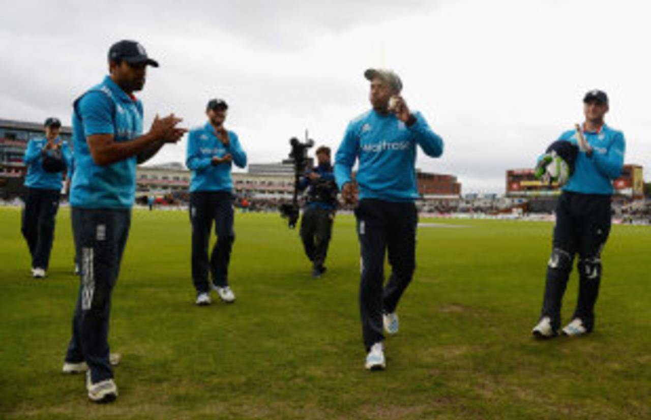 Chris Jordan leads England off after his five-wicket haul, England v Sri Lanka, 3rd ODI, Old Trafford, May 28, 2014