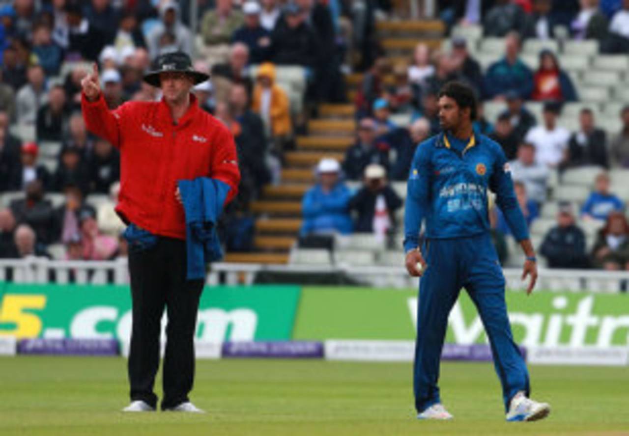 Michael Gough has no choice but to uphold Sachithra Senanayake's appeal, England v Sri Lanka, 5th ODI, Edgbaston, June 3, 2014