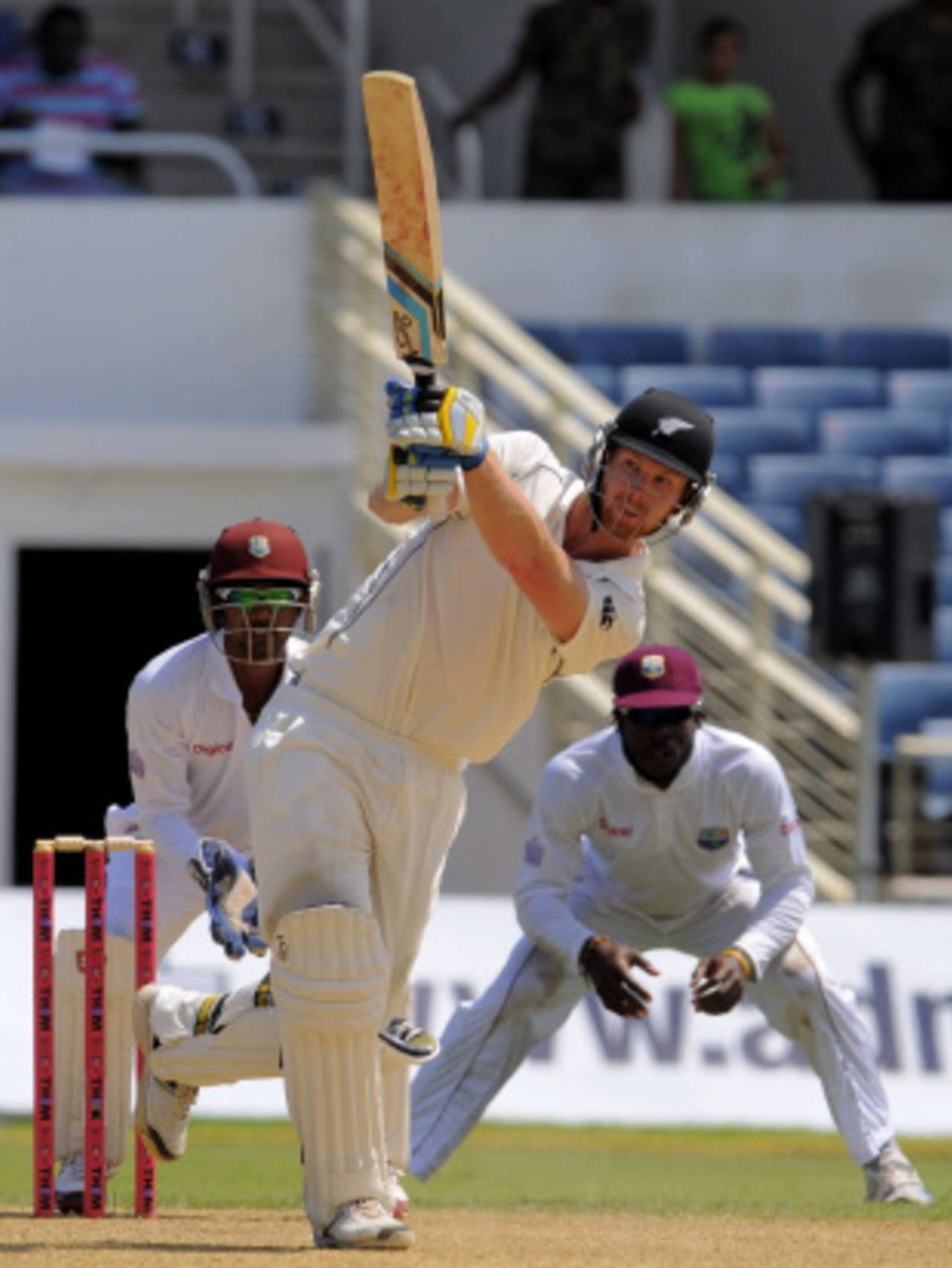 Jimmy Neesham swings over the leg side, West Indies v New Zealand, 1st Test, Kingston, 2nd day, June 9, 2014