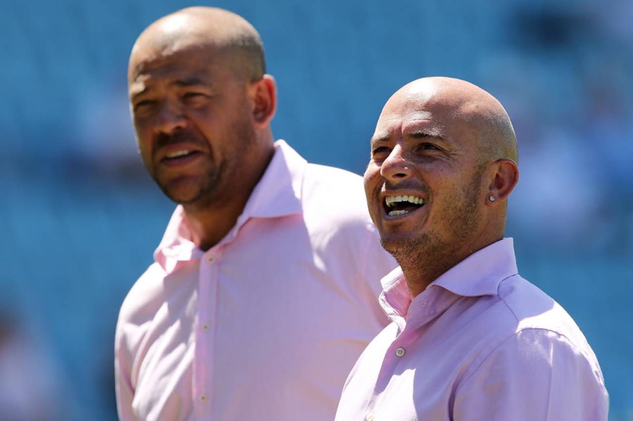 Andrew Symonds and Herschelle Gibbs look on, first Test, South Africa v Australia, Centurion, February 12, 2014