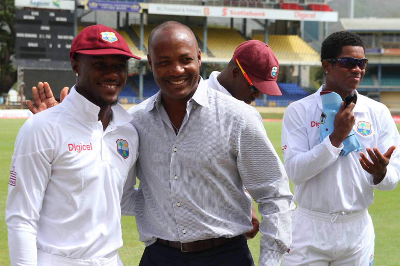 Brian Lara was on hand to present Jermaine Blackwood his first international cap, West Indies v New Zealand, 2nd Test, Trinidad, 1st day, June 16, 2014